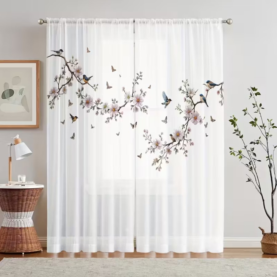Home Office Rate - 2PCS Digital Print Sheer Curtain, Flower