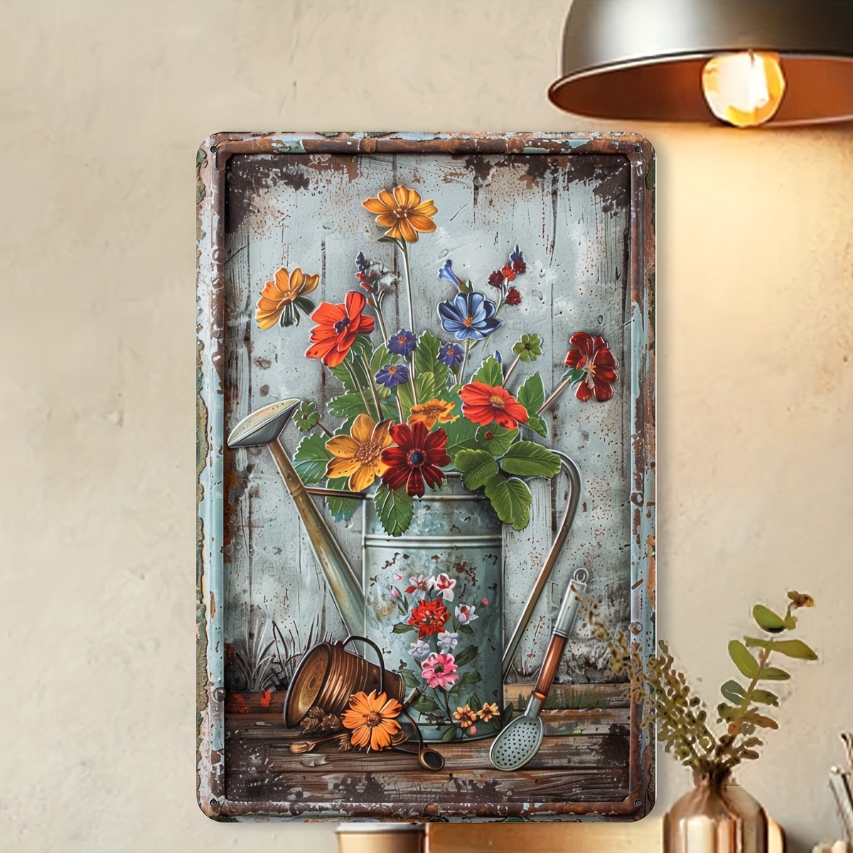 Home Office With Library - Retro floral metal sheet signage -