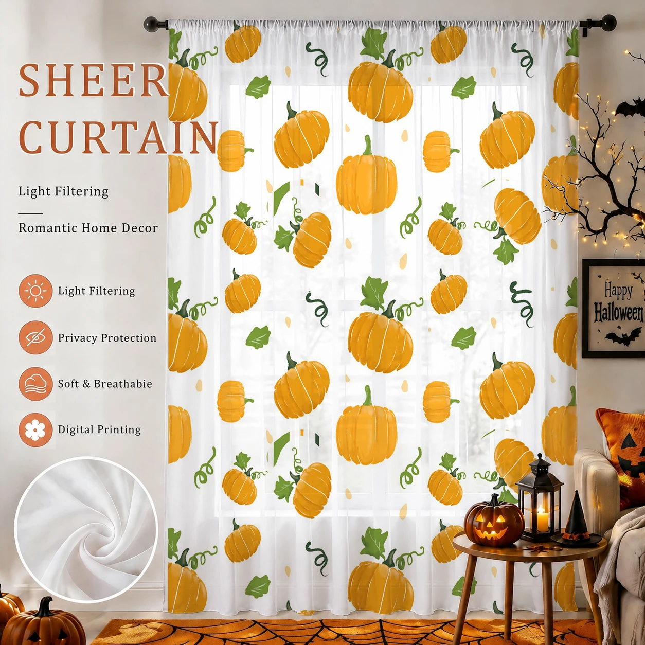 Home Office Youtube - Halloween Sheer Curtain Rod Pocket Halloween