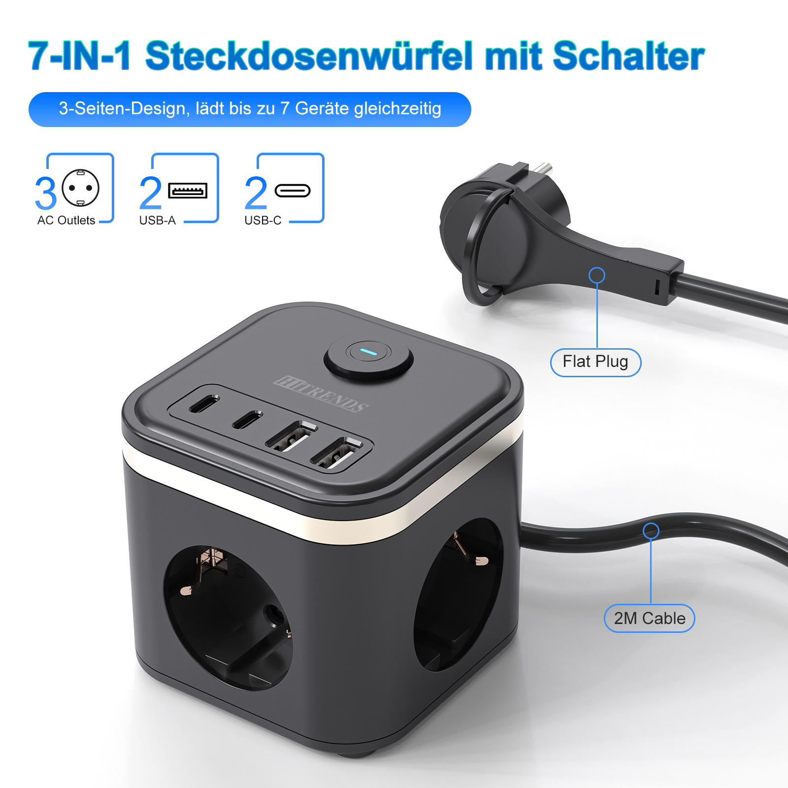 3680W EU Flat Plug Power Strip - Power Strip Desk recension och pris